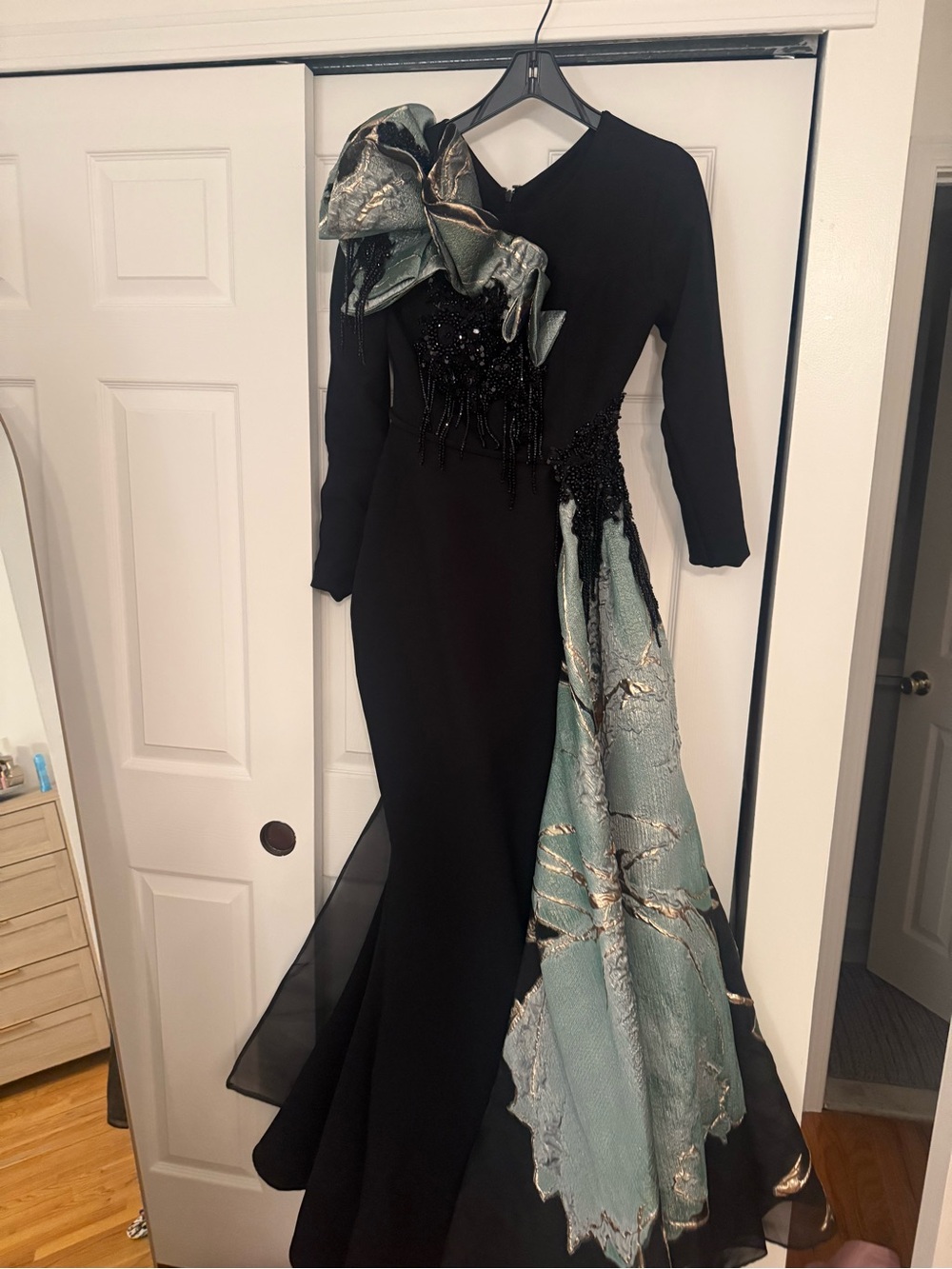 Black Evening Gown with Metallic Green Seafoam Accent
